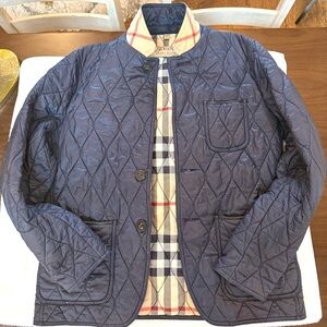 Men’s Burberry Navy Quilted Jacket With Check Lining Size Large